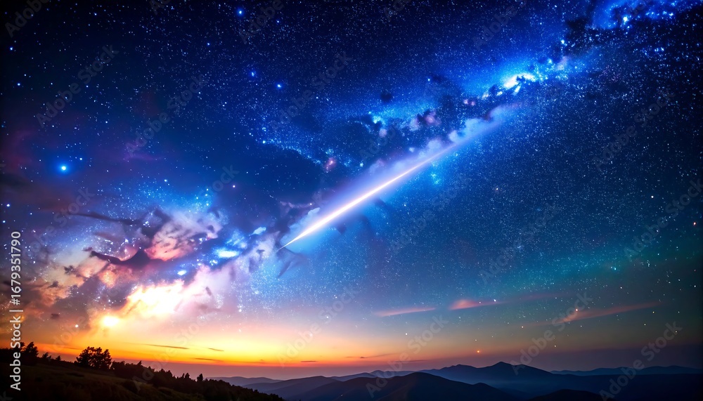 Fototapeta premium Vast Milky Way, streaking across a night sky, over mountains at dawn