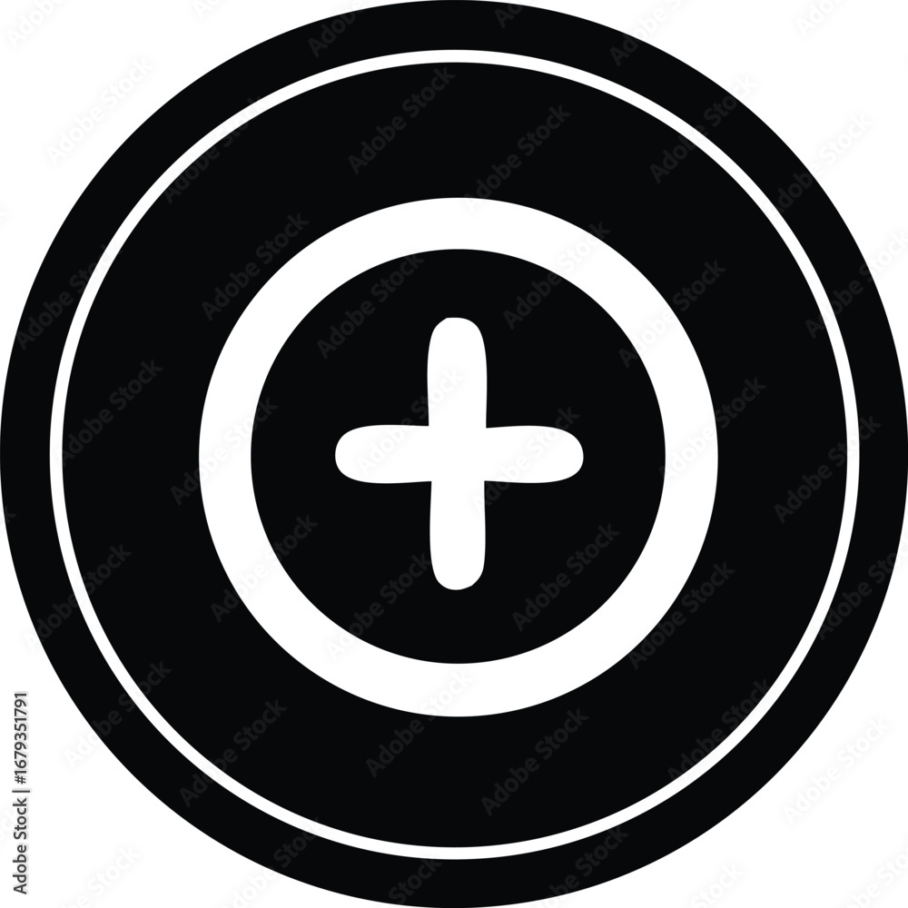 Obraz premium Graphic symbol featuring a white plus sign within concentric circles a striking modern design element for diverse applications