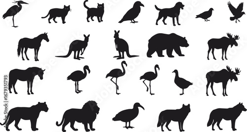Animal silhouettes vector set, wild animals, domestic pets, birds, bear, lion, moose, horse, cat, dog, kangaroo, flamingo, wildlife illustration