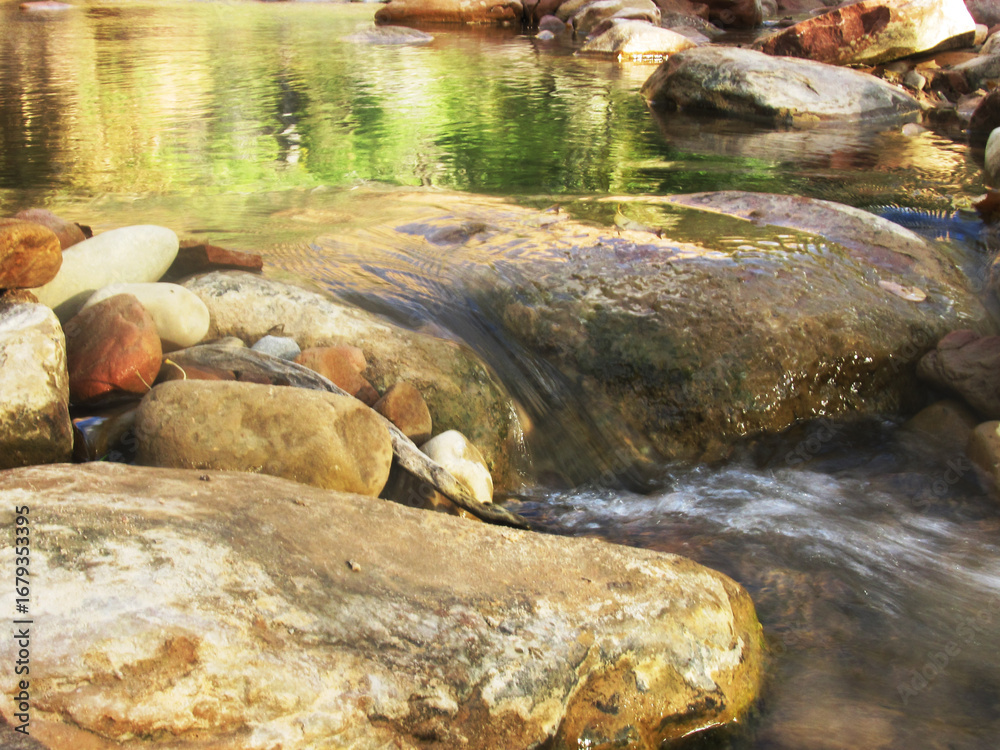 Fototapeta premium Water flowing in the Virgin River, reflecting the golden color of the surrounding Navajo sandstone cliffs and green riverine forest in Zion National Park in Utah