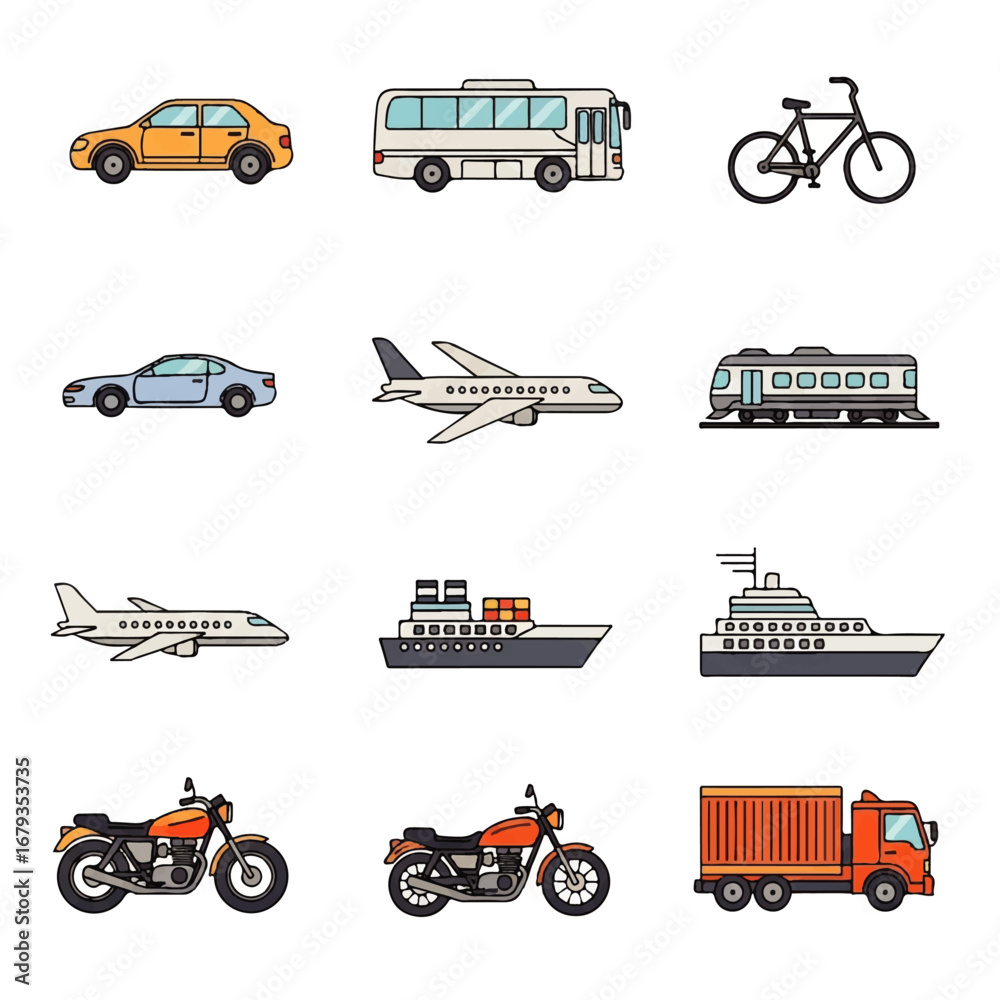 Fototapeta premium A diverse collection of transportation vehicle icons, showing cars, planes, trains, ships, and motorcycles, isolated on a white background