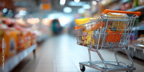 Shopping cart full of groceries in a supermarket aisle, representing consumerism, retail, and purchasing power