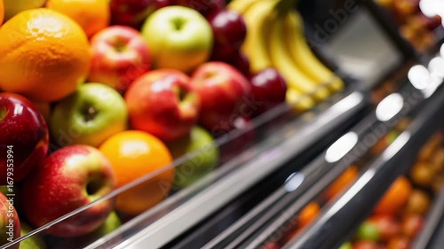 This video displays a vibrant grocery store fruit section with fresh apples, oranges, and bananas neatly arranged, highlighting the colorful variety and healthy choices available for shoppers.