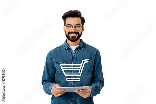 Happy man online shopping with tablet.