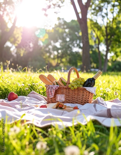 A charming picnic basket filled with treats sits on a blanket in a sun-drenched park, bathed in warm light.