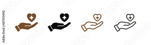 Heart in hand icons set.Hands holding heart icon.Love icon. Health, medicine symbol.Caring hands offer heart with medical cross symbol,Healthcare hands holding heart flat and line style - stock vector