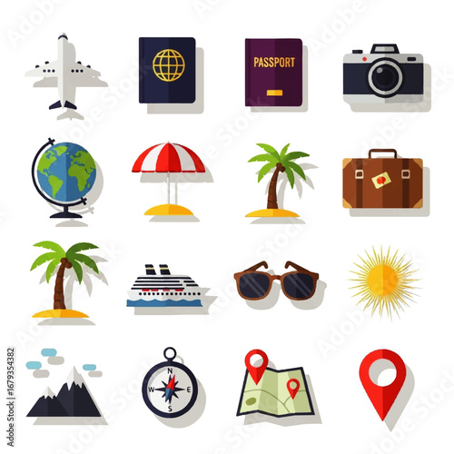 A set of modern flat design icons representing travel, tourism, and summer vacation concepts on a white background