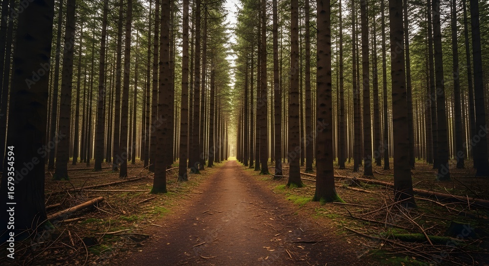 Fototapeta premium Perspective view of a straight path disappearing into a dense, dark forest with a mysterious light at the end