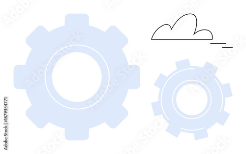 Two interlocking gears of different sizes with a minimalistic cloud above convey teamwork, technology, and automation. Ideal for innovation, process management, cloud computing, collaboration