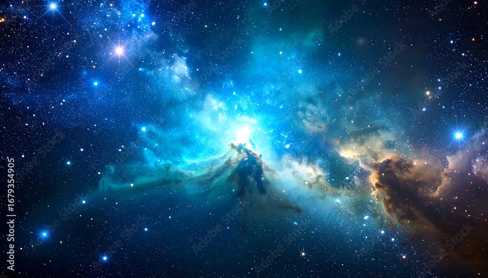 Fototapeta premium Vast nebula of vibrant blues and golds, scattered with stars in deep space