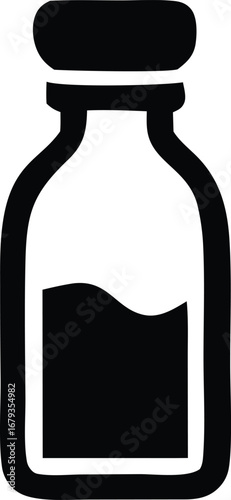 Simple black and white icon of a bottle with liquid inside pharmaceutical medicine container graphic design