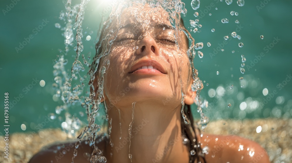 Obraz premium Refreshing Woman Enjoying a Water Shower Outdoors on a Sunny Day by the Sea