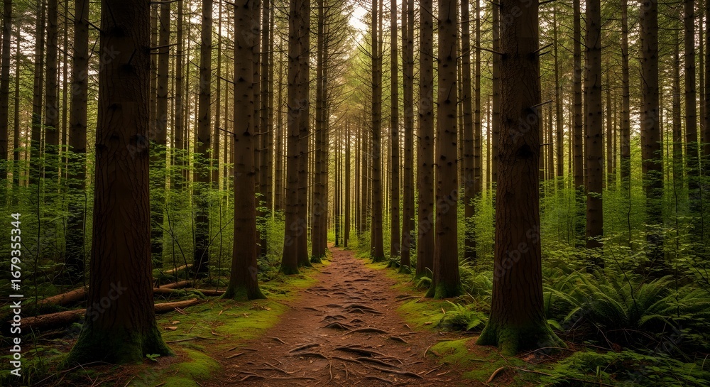 Obraz premium Path Through a Dense Forest An Enchanting Journey into Nature's Embrace and Serenity