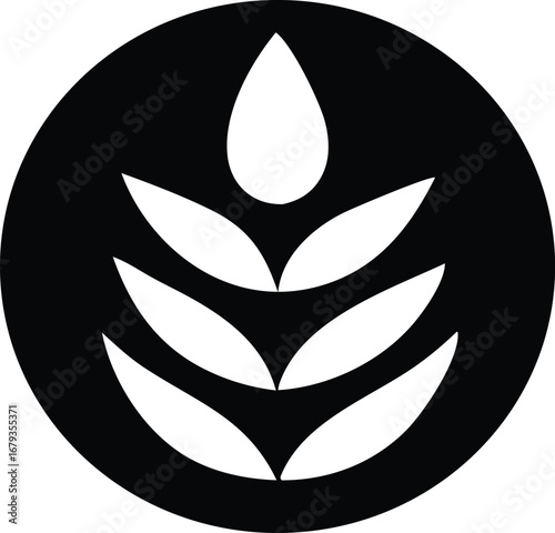 Abstract circular emblem featuring stylized grain stalk with water droplet icon agricultural symbol visual representation