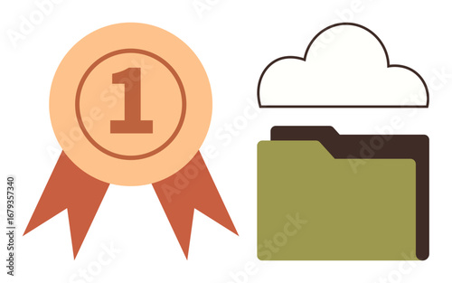 Number one badge beside cloud and folder, symbolizing excellence, achievement, and digital storage. Ideal for success, data management, digital organization, cloud computing, achievement