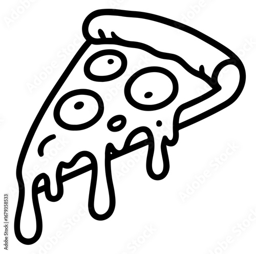 Playful pizza slice outline with thick dripping gravy cartoon doodle style icon