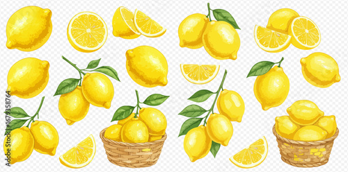 A vibrant illustrated set of yellow lemons in various forms: whole, sliced, on branches with leaves, and in a wicker basket.