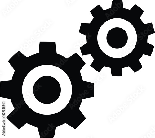Two interlocking black gears icon symbolizing engineering mechanism process workflow and mechanical connection for industry technology and machinery