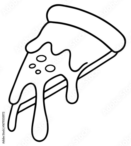 Pizza slice outline icon with flowing gravy topping vector coloirng page