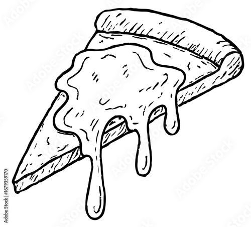 Pizza slice outline with gravy in doodle sketch style
