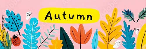 Wallpaper Mural Colorful foliage in various shapes and sizes stands out against a pink backdrop, celebrating the essence of autumn with lively hues and playful designs Torontodigital.ca