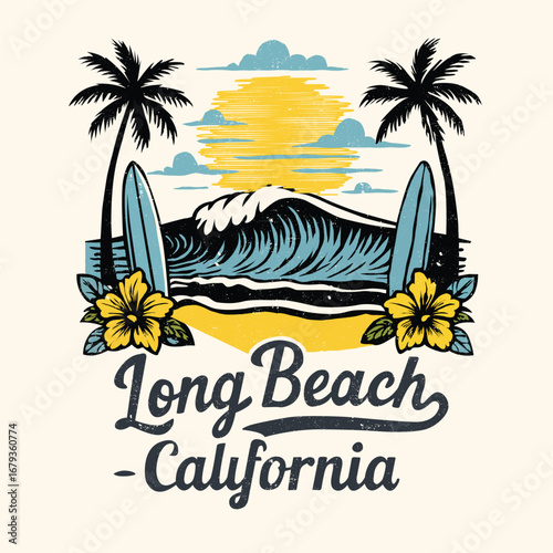 long beach California summer time, summer beach sunshine vector print design artwork, take me to the sunshine, Beach Paradise Print T-shirt Graphics Design, typography slogan on palm trees background