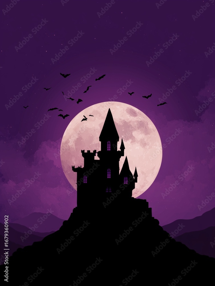 Fototapeta premium Haunting halloween castle silhouette at night spooky landscape digital artwork eerie atmosphere