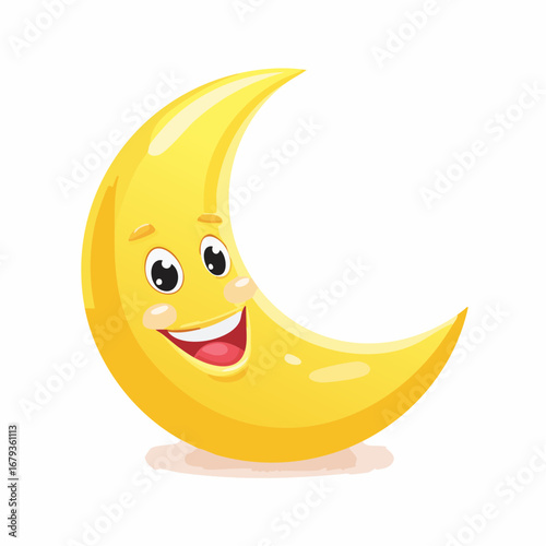 A joyful and charming yellow crescent moon character with a big happy smile. Adorable cartoon vector illustration for kids, bedtime stories, and fantasy themes isolated on white