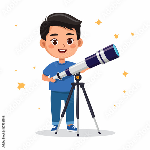 Boy's Astronomical Adventure Gazing at Stars Through a Telescope