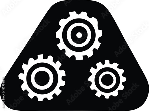 Three interlocking gears within a black triangle representing mechanical systems and industrial processes for teamwork and collaboration