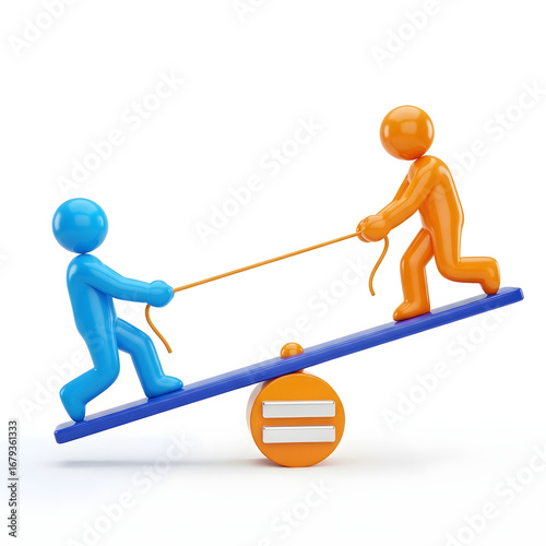 Two 3D characters in a tug of war on a seesaw balanced by an equals sign. A concept for conflict, negotiation, and the struggle for equality. Isolated on white