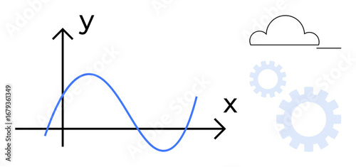 Line graph with X and Y axes showing a wavy curve, accompanied by gears and cloud icon. Ideal for data analysis, statistics, innovation, efficiency, cloud computing, technology workflow. Simple flat