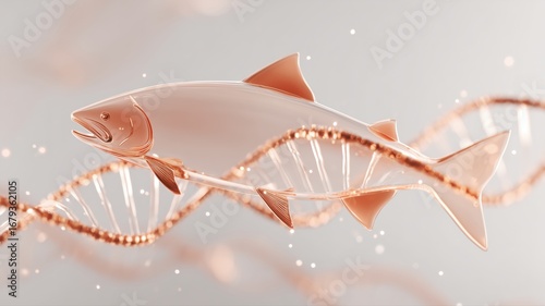 ローズゴールドカラーで表現されたサーモンとDNA。高級感のある美容成分やバイオテクノロジーをイメージさせる素材。 