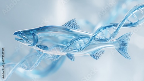 青いDNAと融合するサーモンのイメージ。バイオテクノロジーやサーモン由来のスキンケア成分を象徴する素材。 