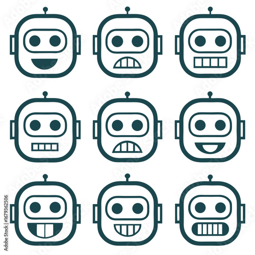 Collection of robot face icons in a grid isolated on white background