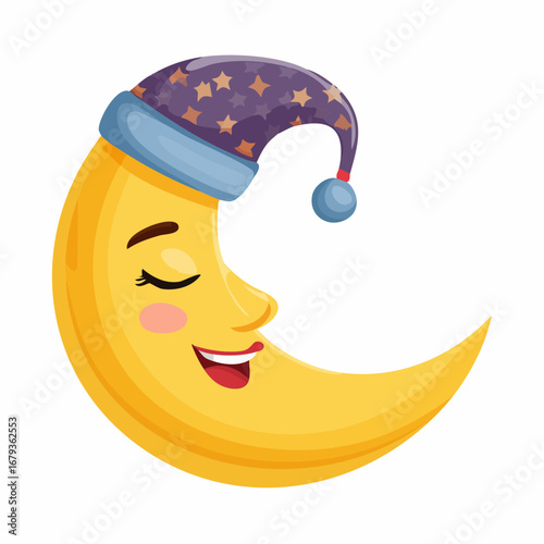 Cute cartoon crescent moon character wearing a sleeping cap with stars, dreaming and smiling peacefully
