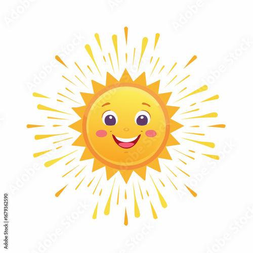A cute cartoon sun character with a happy smiling face and bright sunbeams. Cheerful sunshine mascot vector illustration isolated on a white background