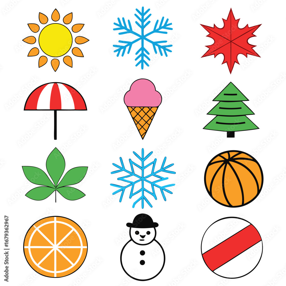 Fototapeta premium Abstract geometric shapes and swirls in vibrant colors isolated on white background