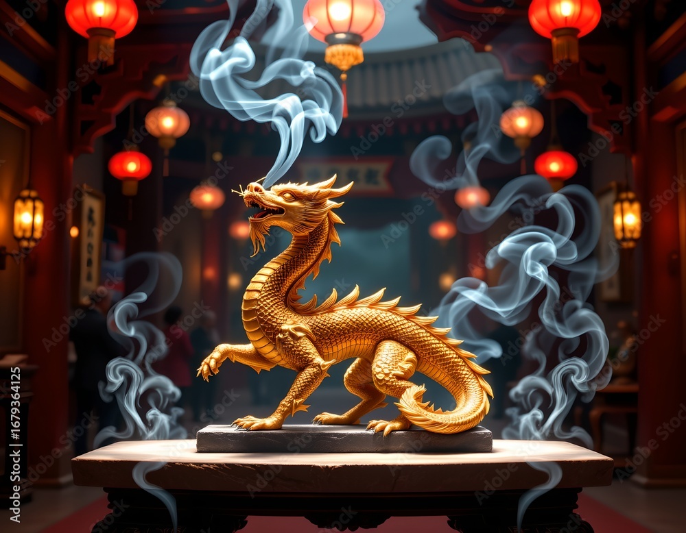 Fototapeta premium An impressive display of a golden dragon statue in what appears to be an oriental setting with traditional red lanterns overhead.