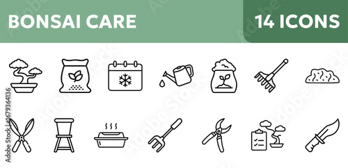 Bonsai care icon set with gardening elements 