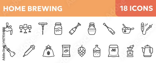 Set of icons related to home brewing including bottles, jars, equipment, and hop plant