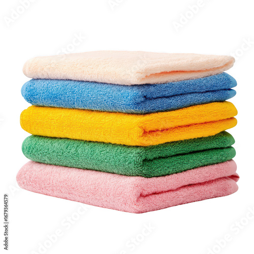 Stack of Five Colorful Folded Towels fabric isolated on a transparent background