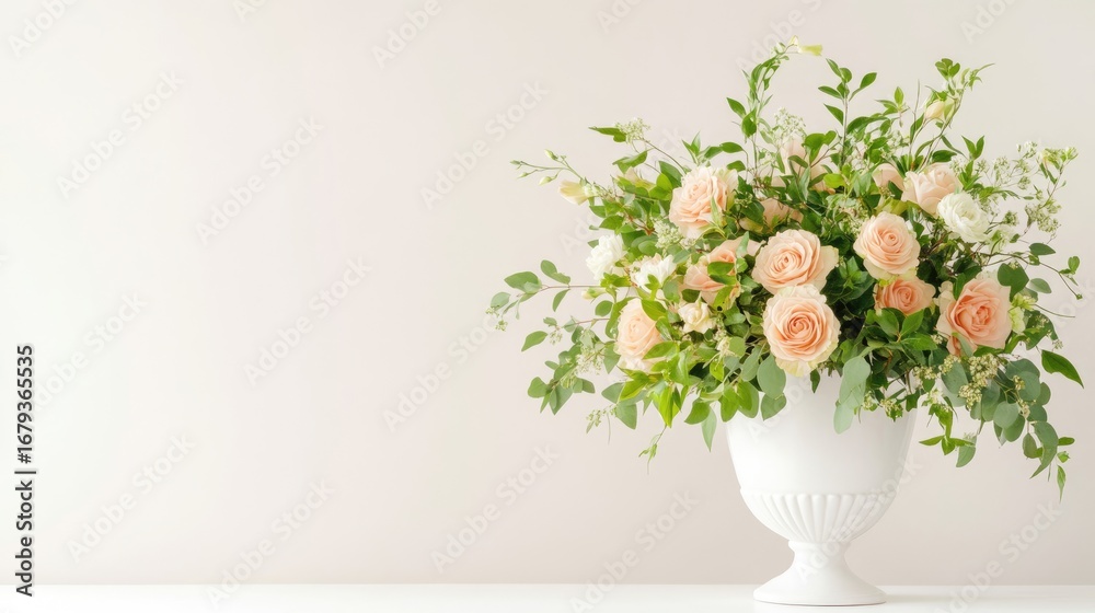 Naklejka premium A beautiful arrangement of peach roses and greenery in an elegant white vase, perfect for home decor or special occasions, adding a touch of sophistication and natural beauty.