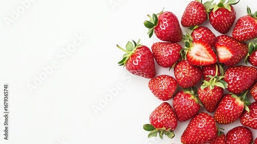 A vibrant array of fresh strawberries arranged on a clean white background, showcasing their juicy red color and green leaves, perfect for healthy eating and delicious recipes.