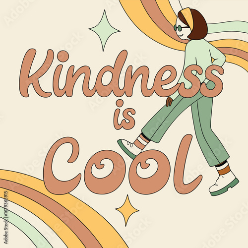 Groovy retro style lettering with the positive message kindness is cool in vibrant colorful design elements