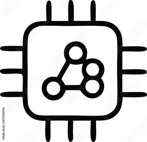 Abstract network icon representing chip technology and data connectivity featuring connected circles within a microprocessor outline