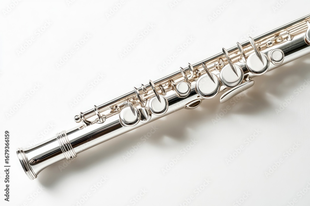 Fototapeta premium A close-up shot of a silver flute highlighting its intricate keys and shiny surface, perfect for music lovers, musicians, or educational materials about musical instruments.