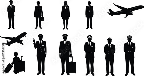 Silhouette illustration of pilots, flight attendants, passengers, airplanes, travel concept, aviation crew, airport staff, black and white vector art