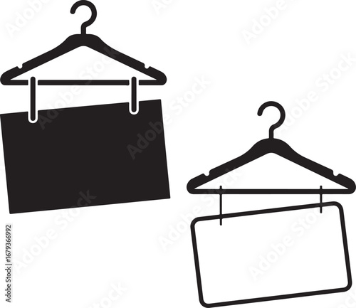 Two hangers holding square signs with rounded corners