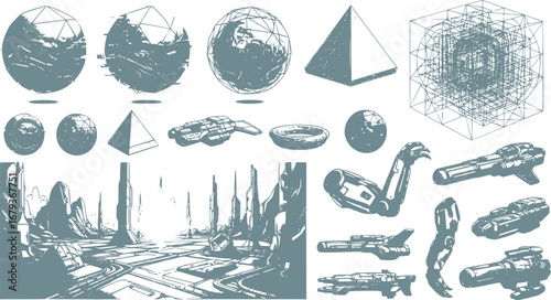 A set of Futuristic 3D Sci-fi elements. Geometric spheres with glitch and liquid effect, wireframe 3d spaces, mechanical drawings, Sci-fi objects, landscape of the area. Universal geometric shapes. Ve